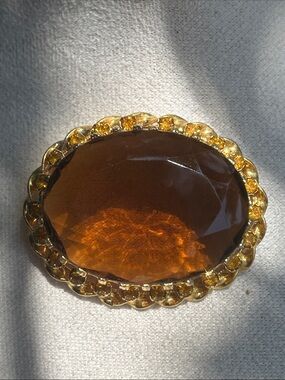 Vintage Austria Gold-Tone Amber Glass Oval Statement Brooch
